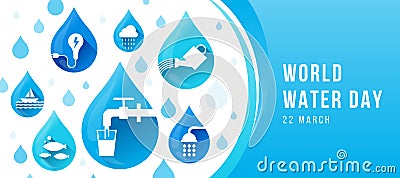 World water day banner Blue drops water with white icons about the topic of water vector design Vector Illustration