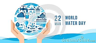 World water day banner - hands hold circle world sign with the many icons on the topic of water vector design Vector Illustration