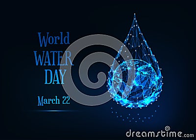 World water day banner template with glow low poly planet earth globe inside of water drop and text Cartoon Illustration