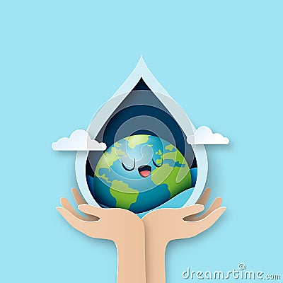 World water day.Hand holding earth in water drop.Paper art of save water for ecology and environment conservation concept design Vector Illustration