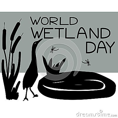 World Wetland Day, wetlands day, nature near water body, silhouette of birds and plants near swamp Vector Illustration