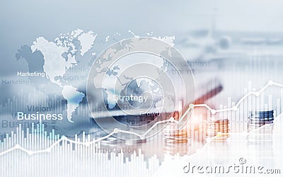 World wide map on abstract business background, coins and calculator double exposure graph, chart and diagram. Stock Photo