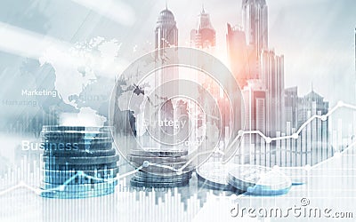 World wide map on abstract business background, coins and calculator double exposure graph, chart and diagram. Stock Photo