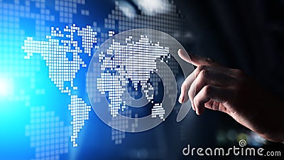 World wide map hologram on virtual screen. Global business and telecommunication technology concept. Stock Photo