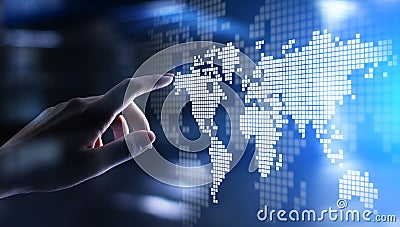 World wide map hologram on virtual screen. Global business and telecommunication technology concept. Stock Photo