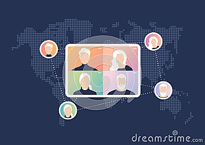 World wide video conference concept. Videoconferencing and online meeting. Vector Illustration