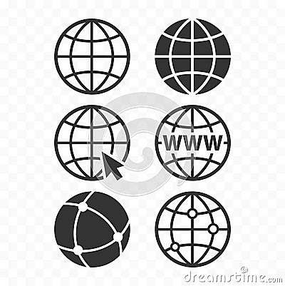World wide web concept globe icon set. Planet web symbol set. Globe icons Vector Illustration