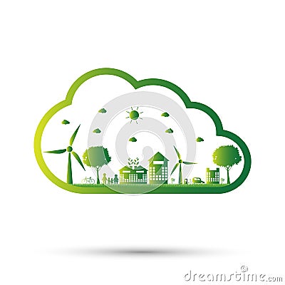 The world in your hands ecology concept.Green cities help the world with eco-friendly concept idea.with globe and tree background. Vector Illustration