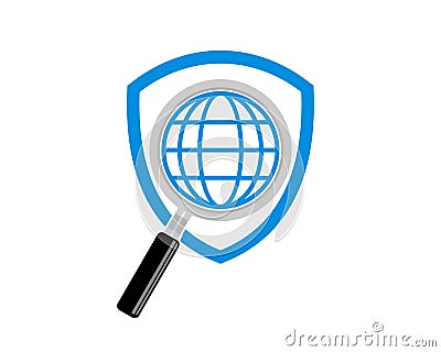 World zoom with magnifying in the shield protection Vector Illustration