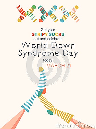 World Down syndrome day, March 21. Colorful vector template with cute socks and label Get your stripy socks out and celebrate Vector Illustration