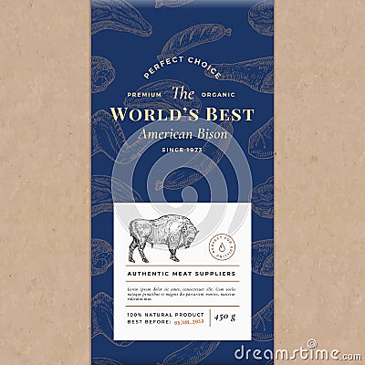 Worlds Best Bisonf Abstract Vector Craft Paper Vintage Cover Layout. Premium Meat Packaging Design Label. Hand Drawn Vector Illustration