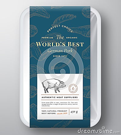 Worlds Best Pork Abstract Vector Plastic Tray Container Cover. Premium Meat Vertical Packaging Design Label Layout. Hand Vector Illustration