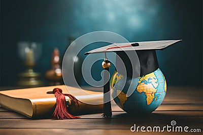 Worldwide academic achievement Graduation cap and globe, international learning Stock Photo