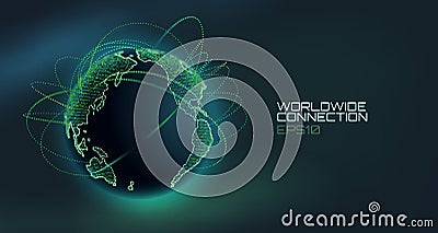 Worldwide connection abstract vector globe. Telecommunication technology line with trajectory of information data. USA Vector Illustration