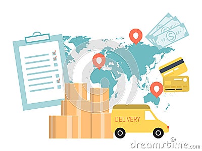 Worldwide delivery service concept. International trucking industry. Global truck transportation and logistic vector Vector Illustration