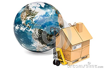 Worldwide household moving services concept. Hydraulic hand pall Stock Photo