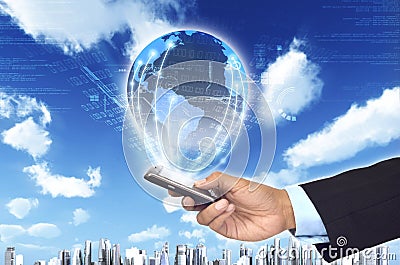 Worldwide information with smart phone Stock Photo