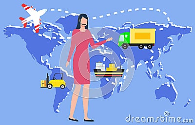 Worldwide Logistics, Woman Monitoring Transport Vector Illustration