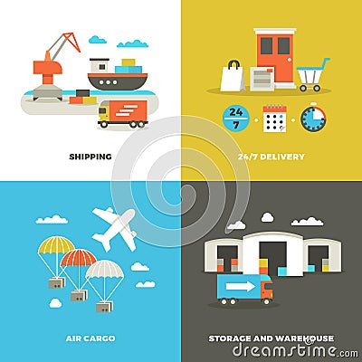 Worldwide shipping logistics and industrial warehouse. Picking technology and on time delivery vector concepts Vector Illustration