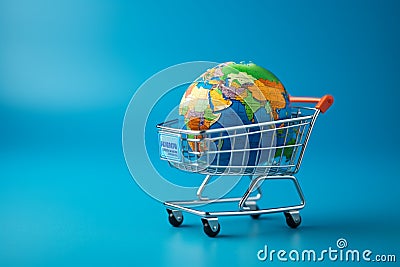 Worldwide shopping concept Trolley placed on a blue globe surface represents global commerce. Stock Photo