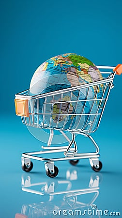 Worldwide shopping concept Trolley placed on a blue globe surface represents global commerce. Stock Photo