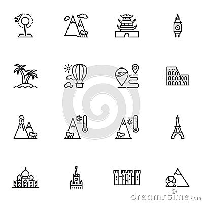 Worldwide travel line icons set Vector Illustration