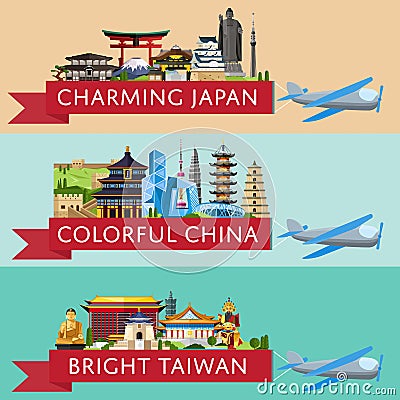 Worldwide travel set with famous attractions Vector Illustration