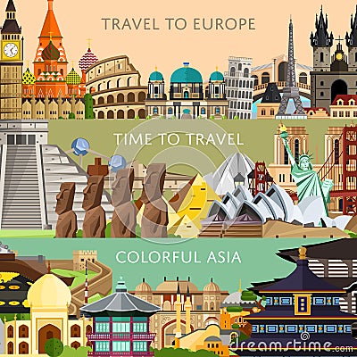 Worldwide travel set with famous skyline attractions Vector Illustration