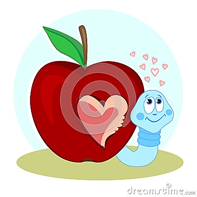 A worm and a bitten Apple. Love and the heart. Valentine`s day. Postcard with a funny character. I miss you. Vector Vector Illustration