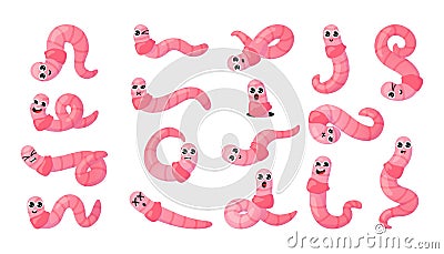 Worm character. Cartoon earthworm mascot with big eyes and cute faces. Insects for kids illustration. Fishing bait. Soil Vector Illustration