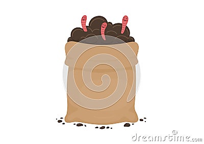 Worm compost. Bag full of soil with red worms Vector Illustration