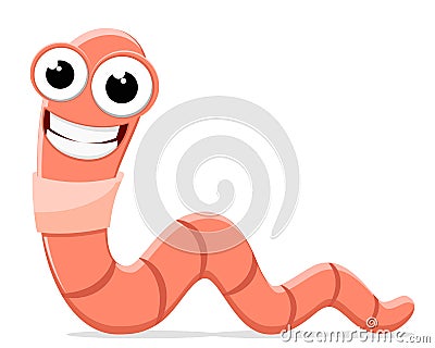 Worm creeps and smiles on a white background. Character Stock Photo