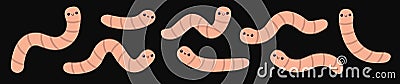 Worm insect icon. Earthworm set line. Cartoon funny kawaii baby animal character. Cute crawling bug collection. Smiling face. Pink Vector Illustration