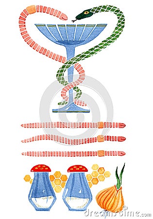 Autotherapy. Worm and snake around cup and alternative medicine drags Stock Photo