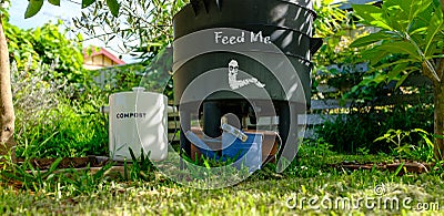 Wormery compost bin in organic Australian garden with kitchen waste collection container, feed me worm notice on side, Stock Photo