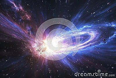 Wormhole opening in deep space with asteroids exploding, time travel and interstellar journey concept Stock Photo