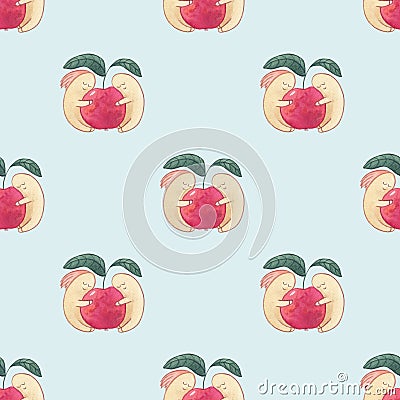 Worms on the red apple watercolor seamless pattern on blue background Stock Photo