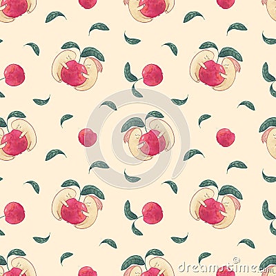 Worms on the red apple watercolor seamless pattern on yellow background Stock Photo