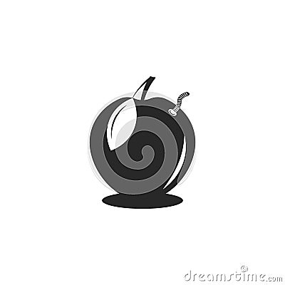 Wormy apple logo in negative space style, worm climbs out of the apple funny humorous black and white children illustration Vector Illustration