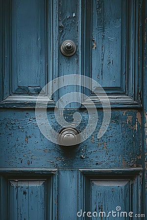 A worn blue door with a traditional doorknob. Stock Photo