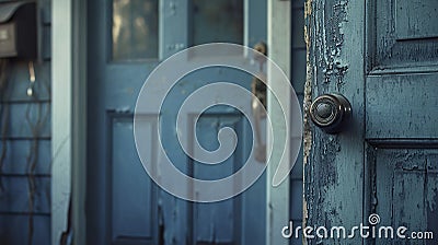 A worn blue door with a traditional doorknob. Stock Photo