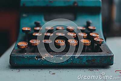 Worn numbering machine resting on a white desk, showcasing ink stains and intricate macro details Generative AI Stock Photo