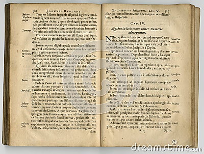 Worn old book pages of a Latin journal. An old book with its pages on display. Stock Photo