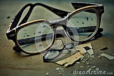 worn-out eyeglasses with broken frame and tape holding the lenses together Stock Photo