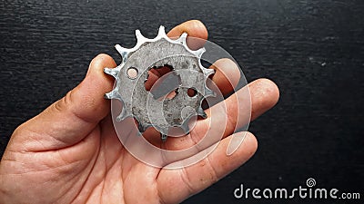 worn part of motorcycle. motorcycle spare part to change. hand showing worn motorcycle part Stock Photo