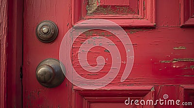 A worn red door with a traditional doorknob. Stock Photo