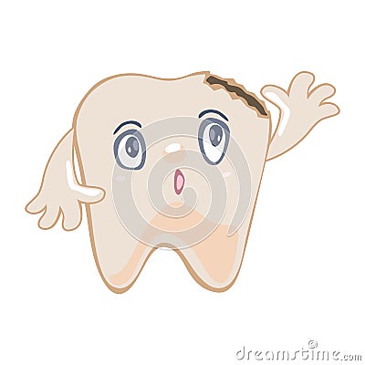 Darkened tooth damaged by caries, decay, cavity pulling up his hand and asking to be treated. Vector Illustration