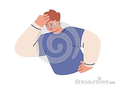 Worried anxious sweating person in stress, confusion. Nervous shy concerned man with afraid panic, fluster emotions Vector Illustration