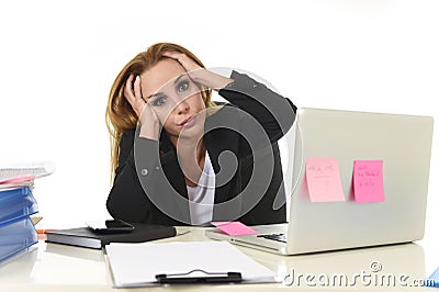 Worried attractive businesswoman in stress working with laptop c Stock Photo