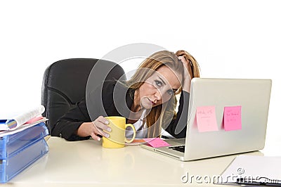 Worried attractive businesswoman in stress working with laptop c Stock Photo